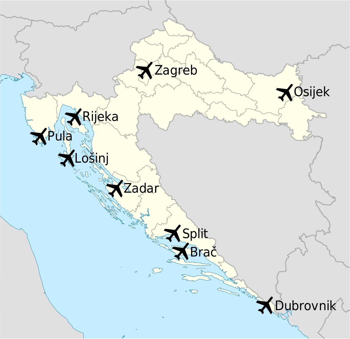 žemėlapis kroatija rodo oro uostai