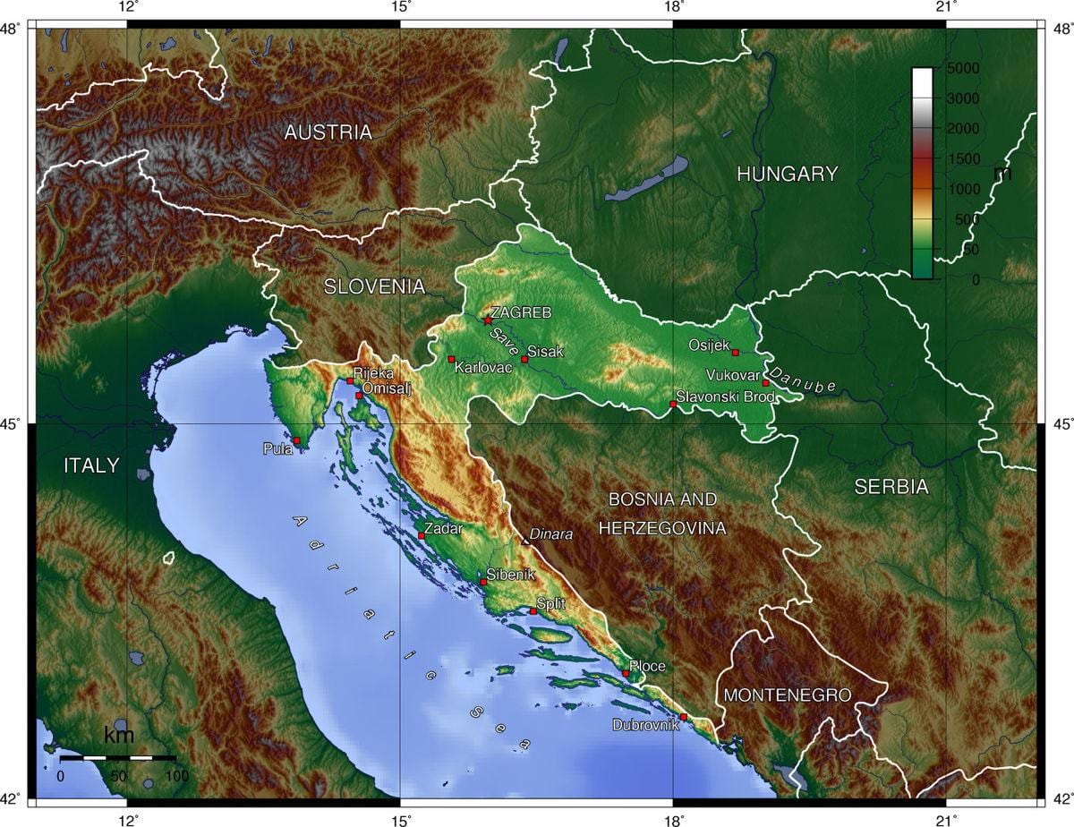 žemėlapis kroatija topografinis 