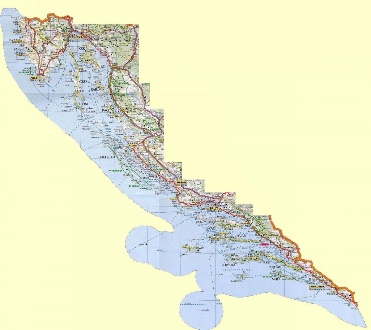 žemėlapis kroatijos pakrantėje ir salose